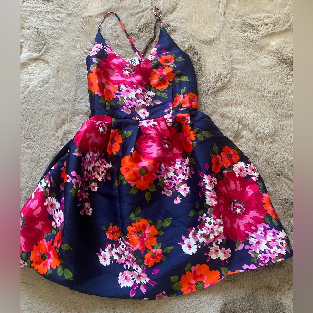 Navy blue floral pink floral fit flare party dress size 11 brand new with tag!